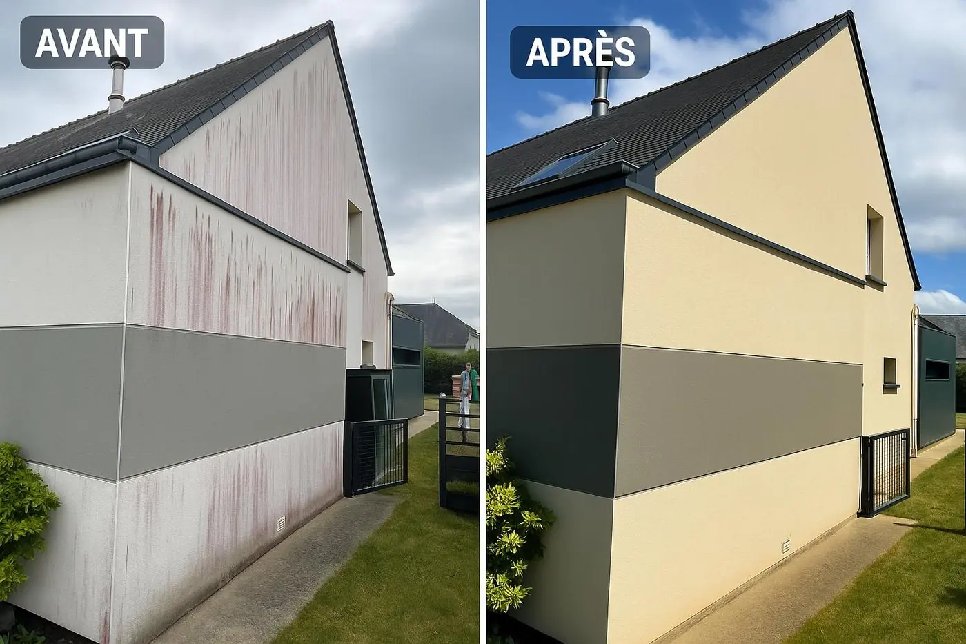 Façade et pignon avant et après nettoyage