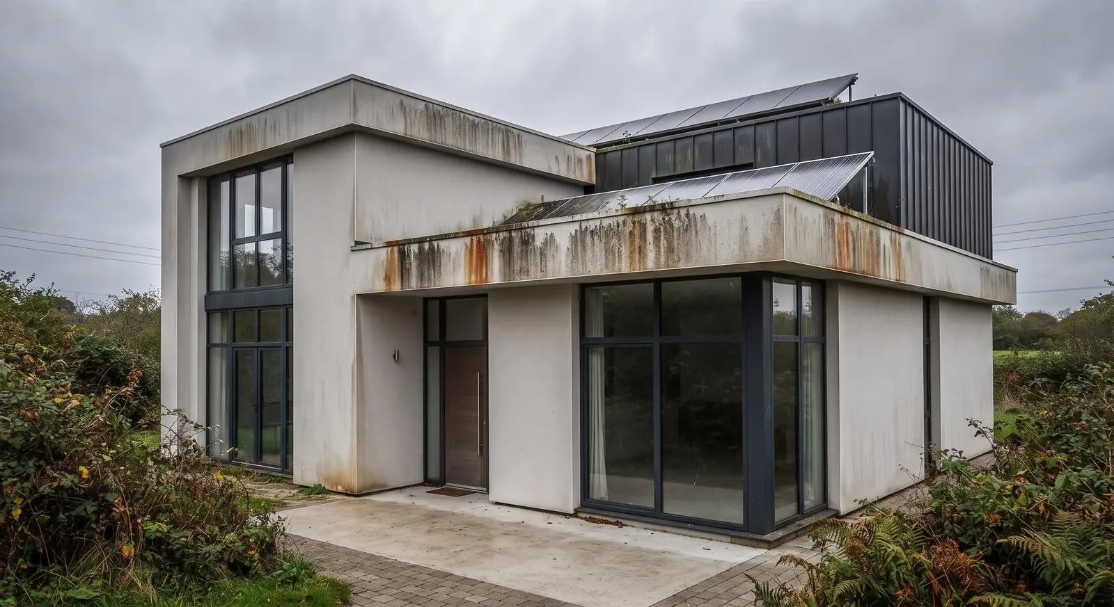Image d'illustration : maison contemporaine aux façades marquées de coulures avant nettoyage