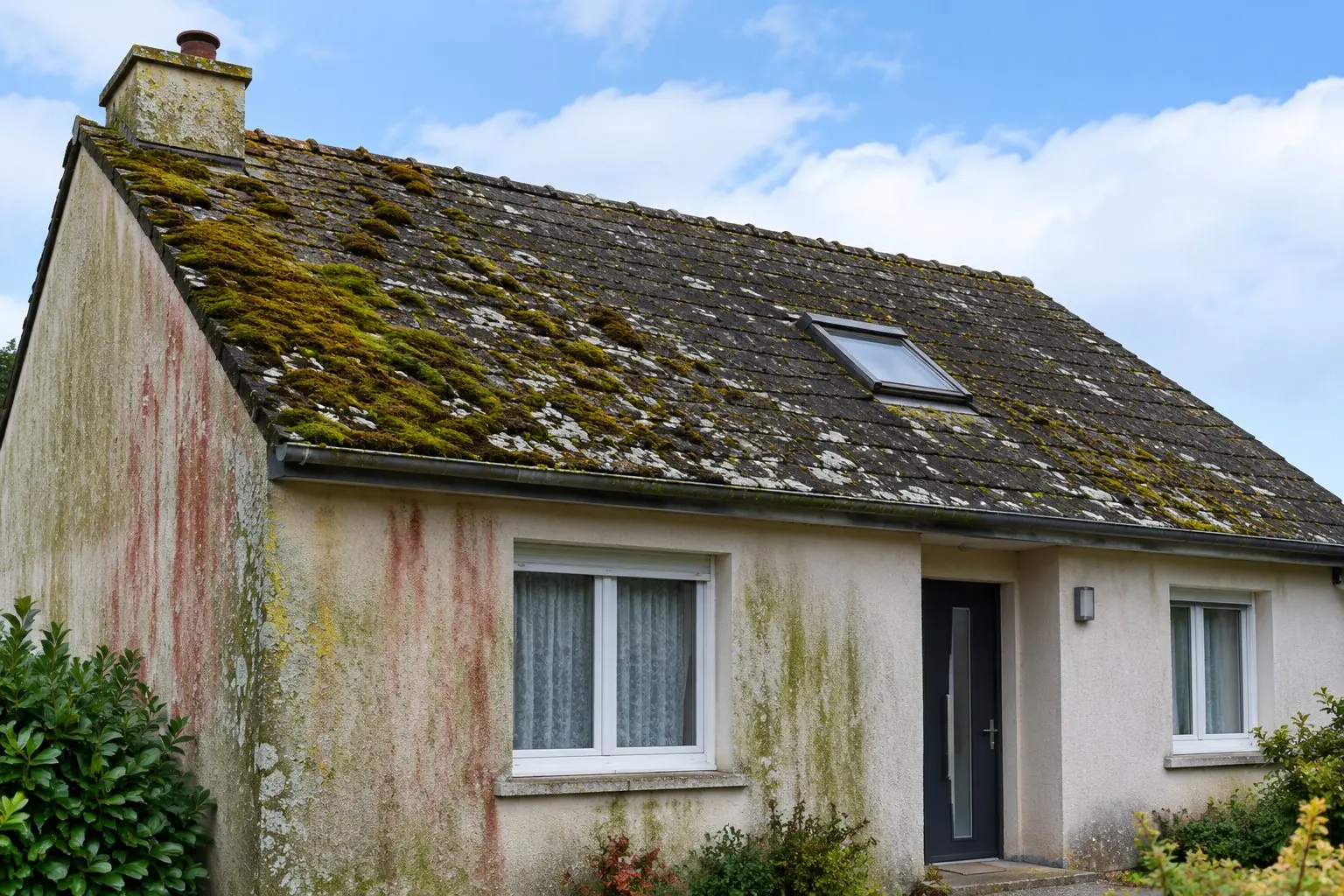 Maison avant nettoyage : toiture couverte de mousse et façade tachée