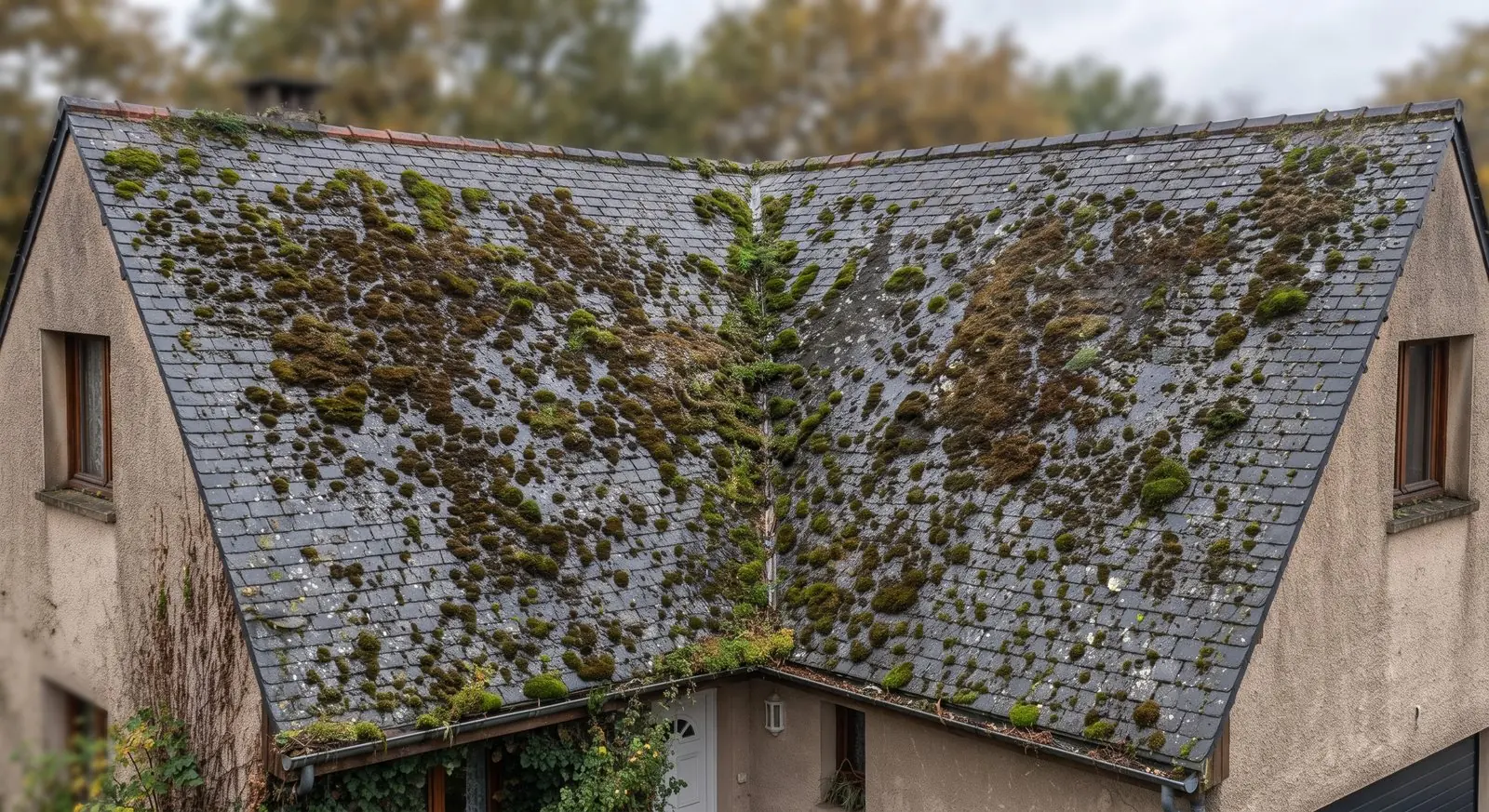 Image d'illustration : toiture en ardoise couverte de mousse avant démoussage